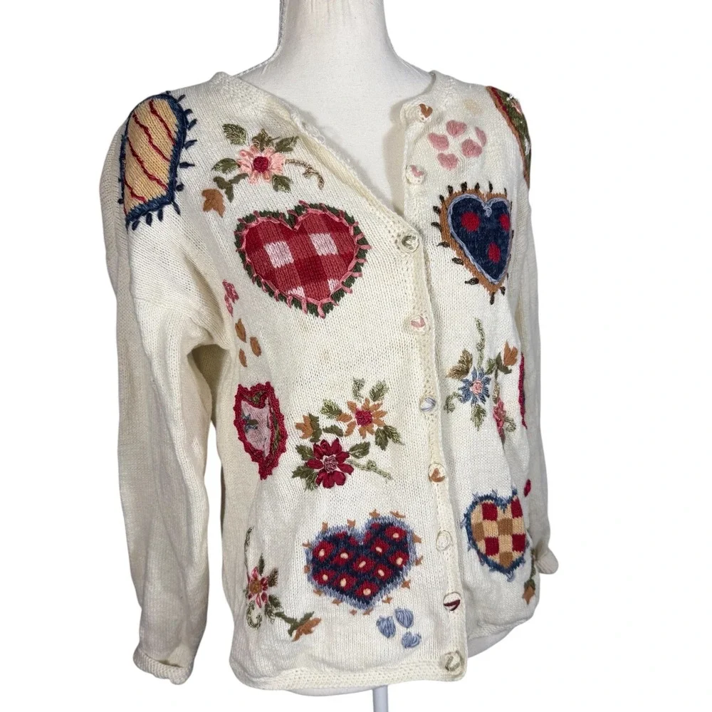 Tiara International Cardigan Womens‎ S Cream Embroidered Hearts Floral Vintage